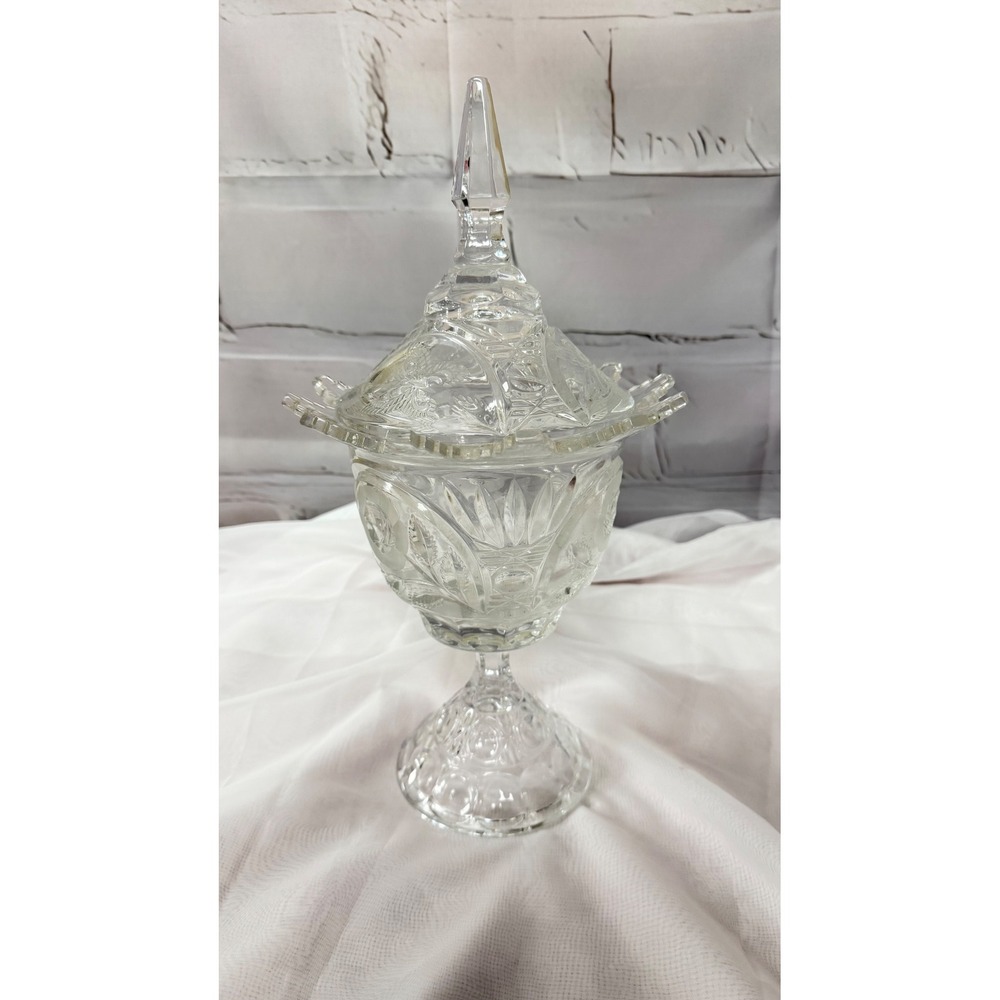 Vintage Clear Pressed Glass Lidded Candy Dish Floral Butterfly Pedestal Compote